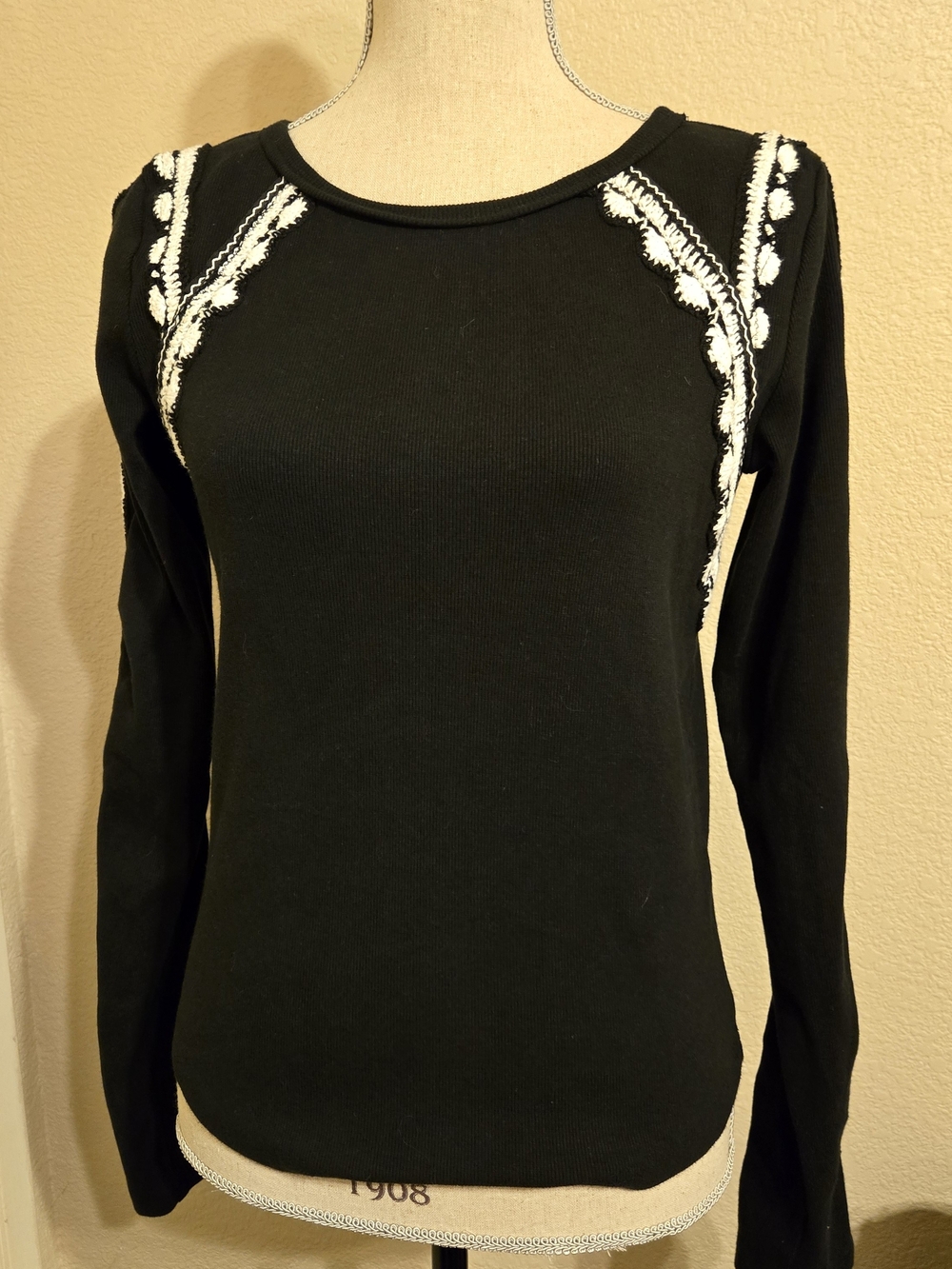 Free People Black Long-Sleeve Women's Top with White Trim
